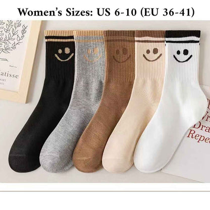 Smiley Face Crew Socks, 5-pair cotton set in black gray brown beige white on Tampa Home & Garden Store