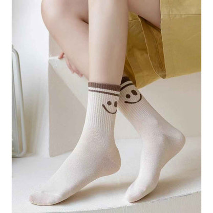 Shaketea smiley face crew socks, white cotton with brown striped cuff and smiling motif (2 socks) on Tampa Home & Garden Store