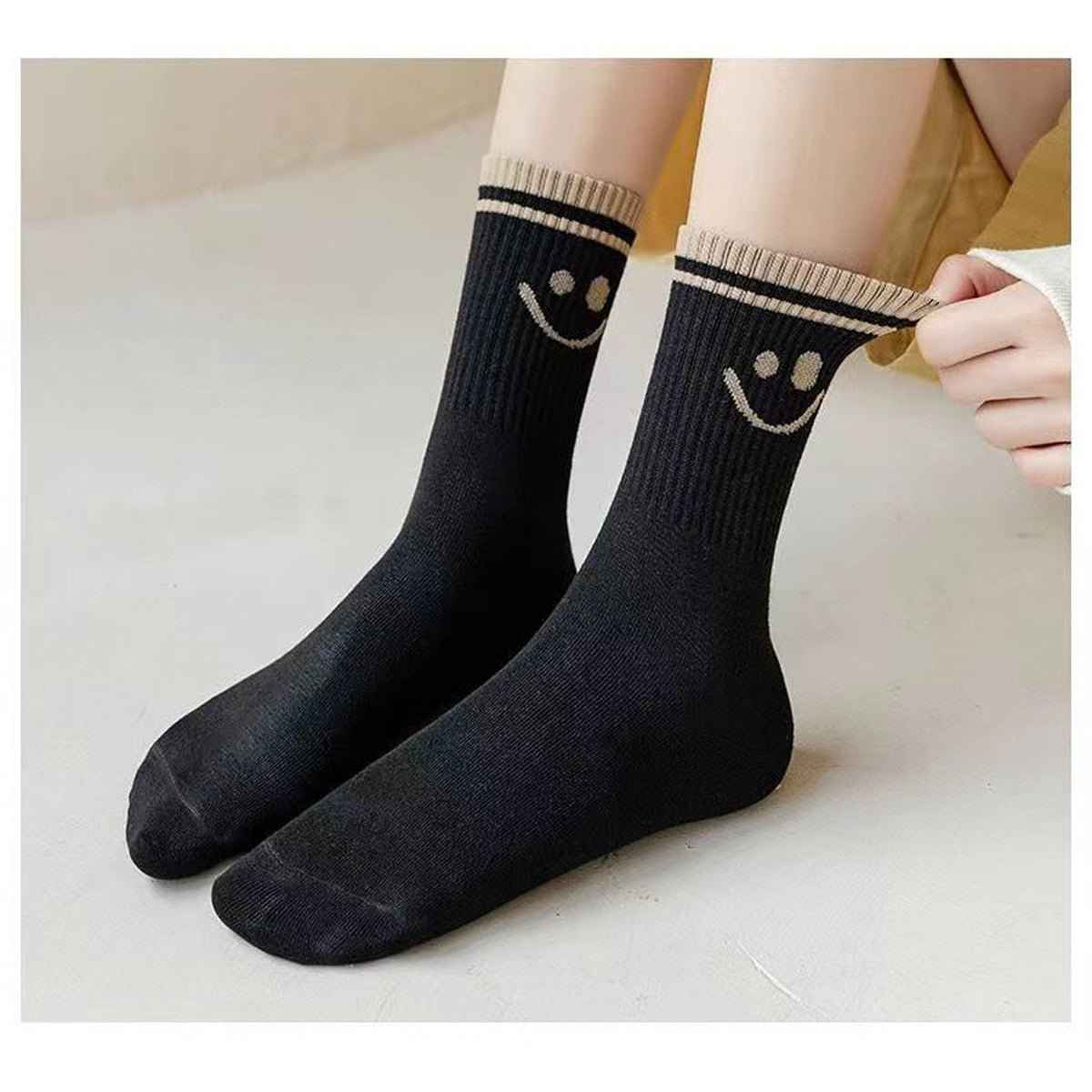 5-pair Shaketea black smiley-face cotton crew socks with beige striped cuffs for women on Tampa Home & Garden Store