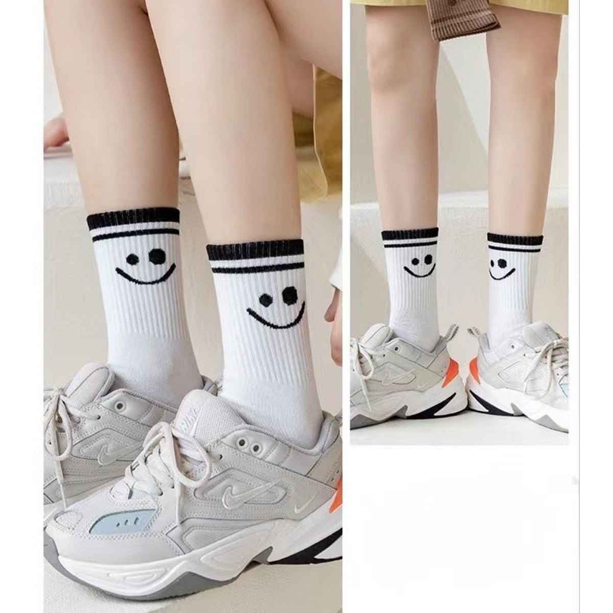 Smiley Face Crew Socks by Shaketea, white cotton with black striped cuff and smiley faces on Tampa Home & Garden Store