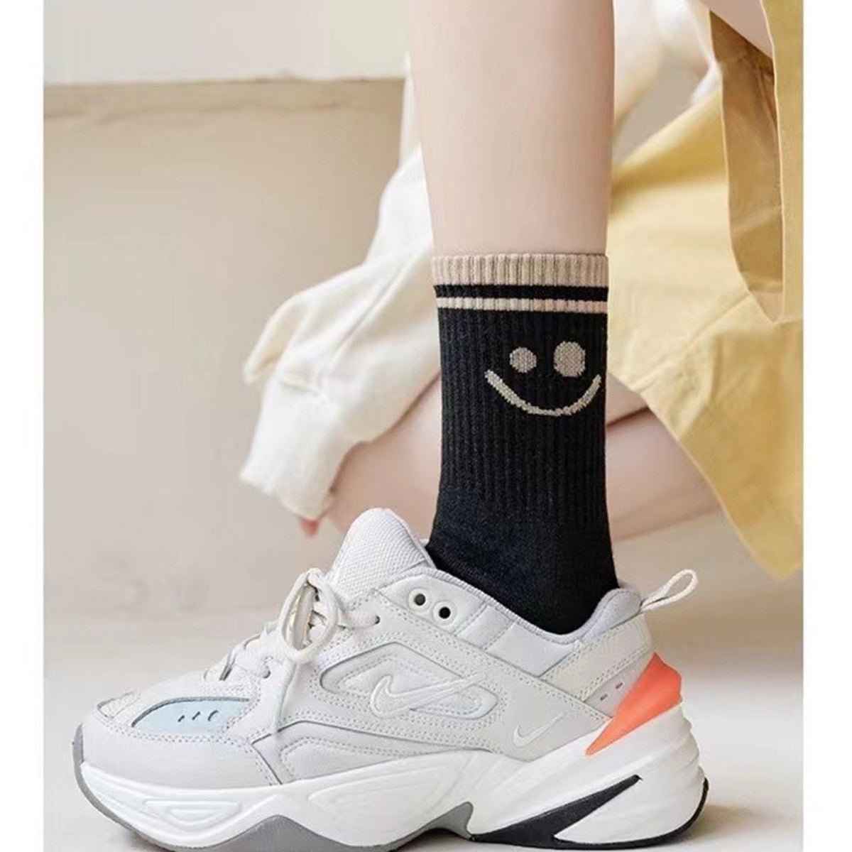 Smiley Face Crew Socks black cotton with beige cuff and white smiley motif, 5 pairs on Tampa Home & Garden Store