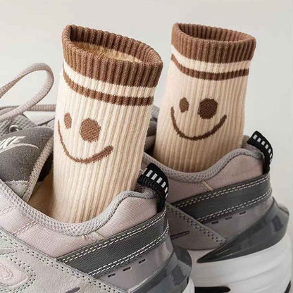 Shaketea Smiley Face Crew Socks, 5 pairs, beige cotton with brown stripes on Tampa Home & Garden Store