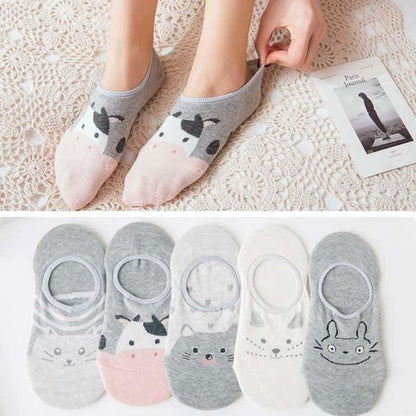 Stevvex 5-pair cartoon animal face ankle socks set in grey pink white cotton on Tampa Home & Garden Store