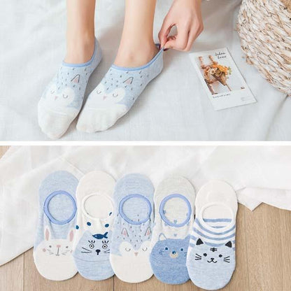 Stevvex 5-pair cotton ankle socks set with blue and white cartoon animal faces for women on Tampa Home & Garden Store
