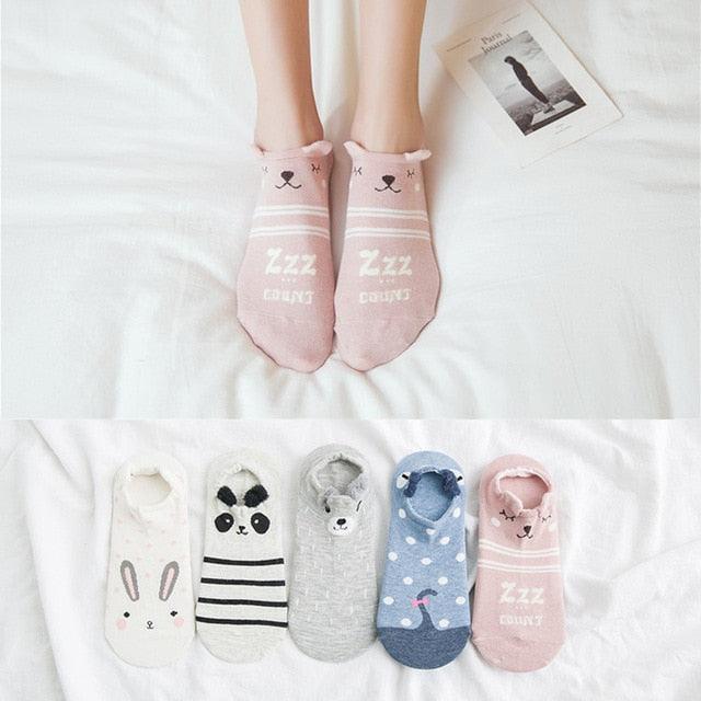 Stevvex 5-pair ankle sock set with animal prints: bunny, panda, blue dots, pink bear Zzz on Tampa Home & Garden Store