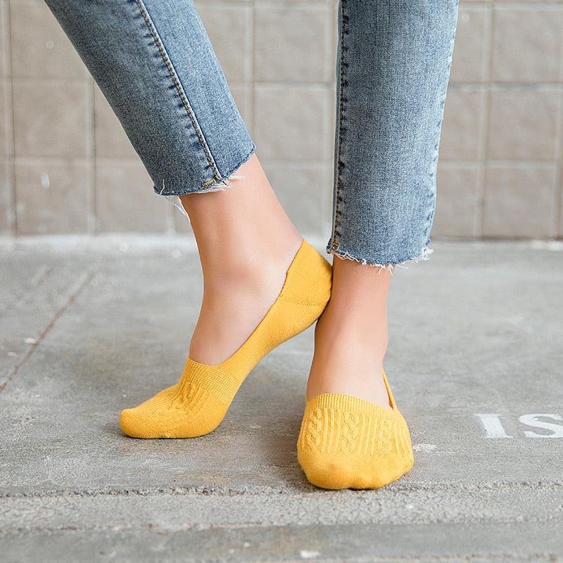 Stevvex women cotton low-cut ankle socks yellow pair with silicone non-slip grip on Tampa Home & Garden Store