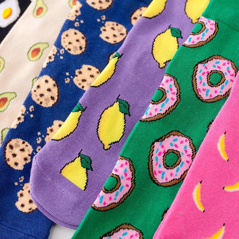 Five Stevvex Women's Colorful Cotton Crew Socks with fruit and donut prints on Tampa Home & Garden Store