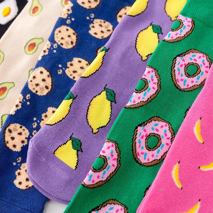 Five Stevvex Women's Colorful Cotton Crew Socks with fruit and donut prints on Tampa Home & Garden Store