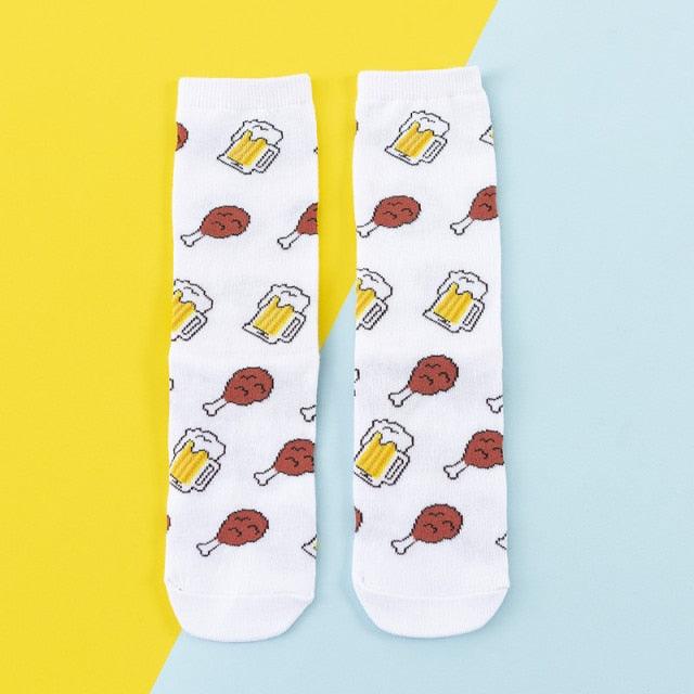 Pair of Stevvex women's cotton crew socks with fruit motifs (banana, lemon, avocado) white on Tampa Home & Garden Store