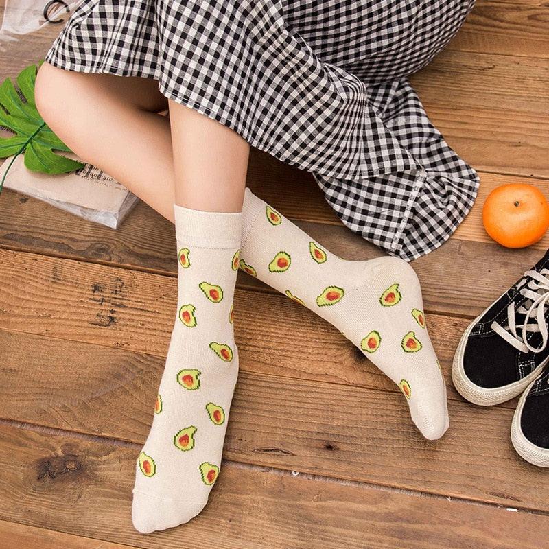 Stevvex women's colorful cotton crew socks with avocado, banana, lemon pattern on white on Tampa Home & Garden Store