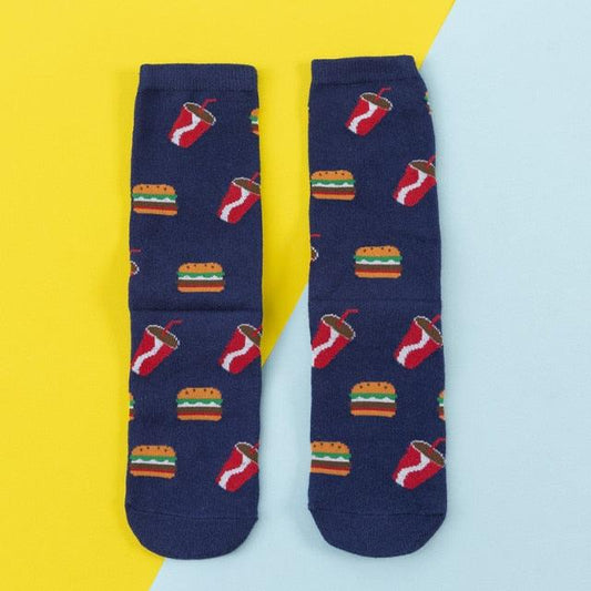 Stevvex women's navy cotton crew socks with burger and soda print, 1 pair on Tampa Home & Garden Store