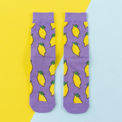 Stevvex purple cotton crew socks with yellow fruit print (banana, lemon, avocado, donut) 1 pair on Tampa Home & Garden Store