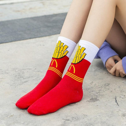 Stevvex women's cotton crew socks red with white cuff and yellow fries graphic pair on Tampa Home & Garden Store