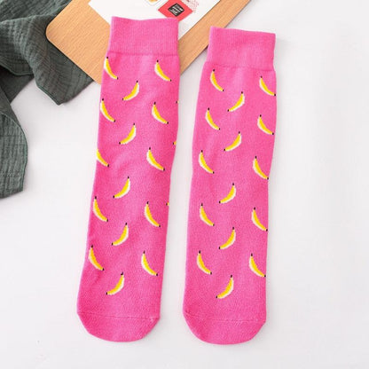 Women's Colorful Cotton Crew Socks Stevvex banana print on bright pink pair on Tampa Home & Garden Store
