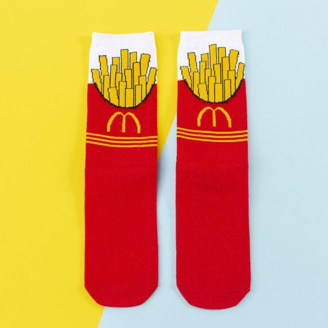 Stevvex women's crew socks red with yellow fries graphic and McDonald's arches logo, pair on Tampa Home & Garden Store