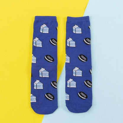 Stevvex women's blue cotton crew socks with Oreo cookies and milk carton patterns on Tampa Home & Garden Store
