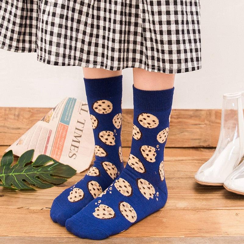 Stevvex women's cotton crew socks blue pair with cookie pattern on Tampa Home & Garden Store
