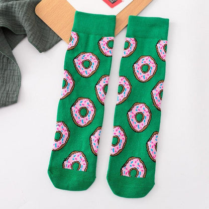 Stevvex women's crew socks pair green cotton with colorful donut print, fruit-inspired on Tampa Home & Garden Store