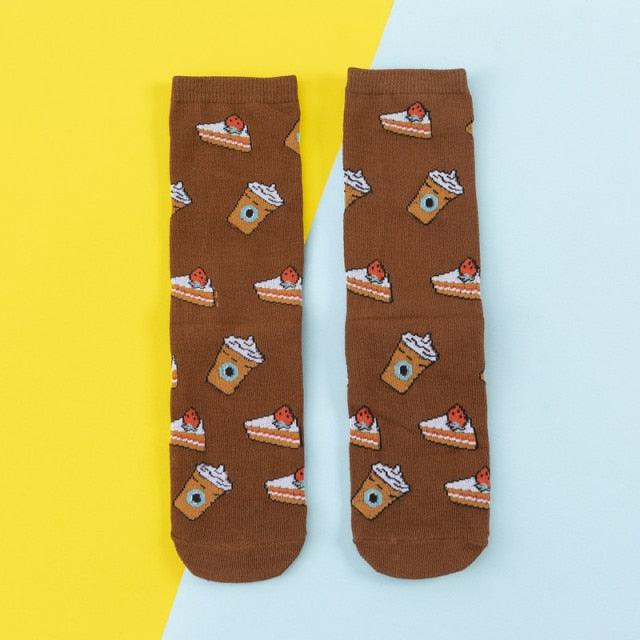 Stevvex women's brown cotton crew socks pair with colorful cake and donut prints on Tampa Home & Garden Store