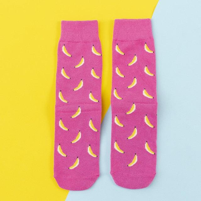 Women's colorful cotton crew socks with banana print on pink background Stevvex ST12293AYA on Tampa Home & Garden Store