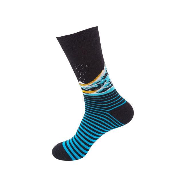 Stevvex women's crew sock with colorful fruit motif and blue stripes on black cotton on Tampa Home & Garden Store