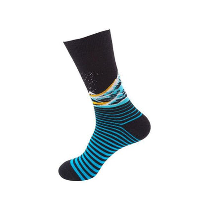 Stevvex women's crew sock with colorful fruit motif and blue stripes on black cotton on Tampa Home & Garden Store