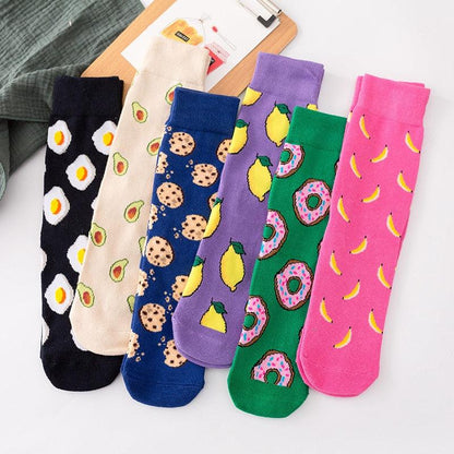 Cotton crew socks set of 6 with banana avocado lemon egg cookie donuts on colorful backgrounds on Tampa Home & Garden Store