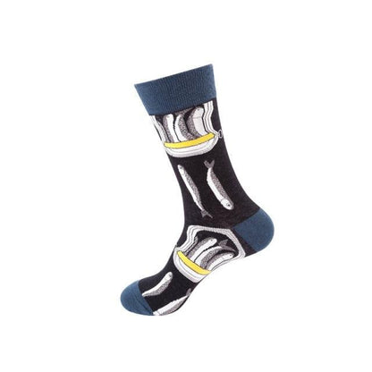 Stevvex ST12293AYA crew socks navy body with blue cuff and toe, banana and fishbone food pattern on Tampa Home & Garden Store