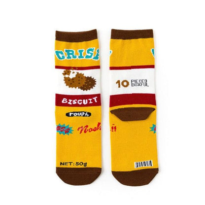 Stevvex women's crew socks colorful fruit pastry prints on yellow with brown toes pair on Tampa Home & Garden Store