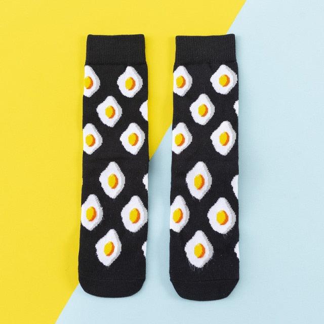 Women's crew socks black with fried egg pattern in cotton, Stevvex ST12293AYA, pair on Tampa Home & Garden Store