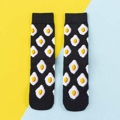 Women's crew socks black with fried egg pattern in cotton, Stevvex ST12293AYA, pair on Tampa Home & Garden Store