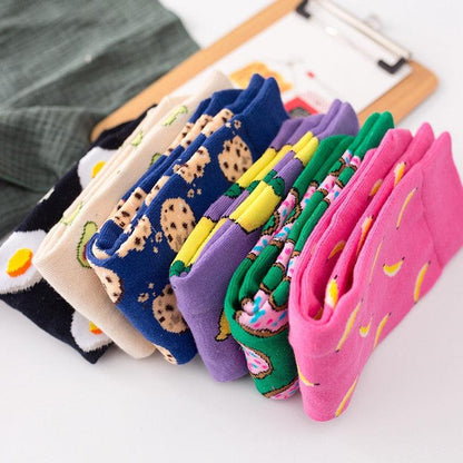 Stevvex women's crew socks; assorted cotton socks with bright fruit and donut prints on Tampa Home & Garden Store