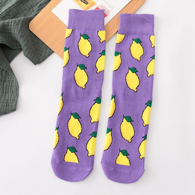 Women's Stevvex cotton crew socks purple with yellow lemon pattern, pair of 2 on Tampa Home & Garden Store
