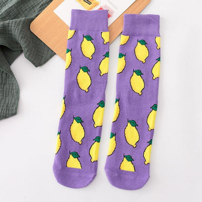 Women's Stevvex cotton crew socks purple with yellow lemon pattern, pair of 2 on Tampa Home & Garden Store