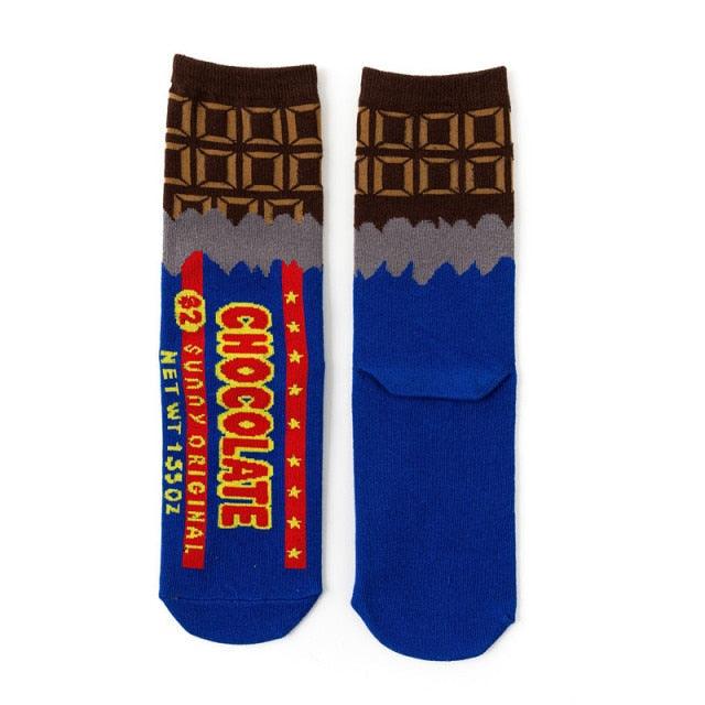 Stevvex women's crew socks with blue body and brown cuff fruit and chocolate graphics on Tampa Home & Garden Store