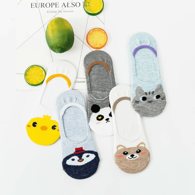 Cute Harajuku animal ankle socks set by Stevvex, 5 pairs with cat, panda, penguin, chick faces on Tampa Home & Garden Store