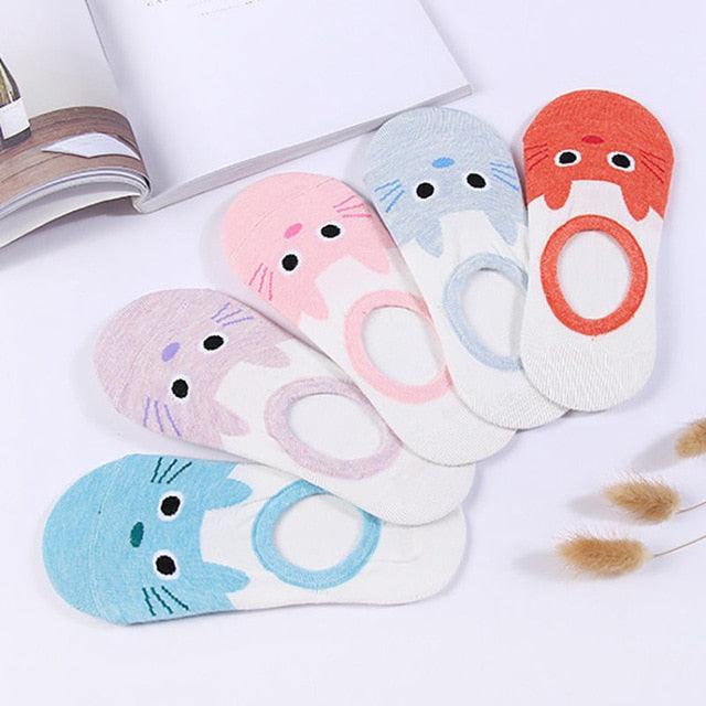 Stevvex 5-pair cute Harajuku animal ankle socks set with cat, dog, rabbit, panda motifs on Tampa Home & Garden Store