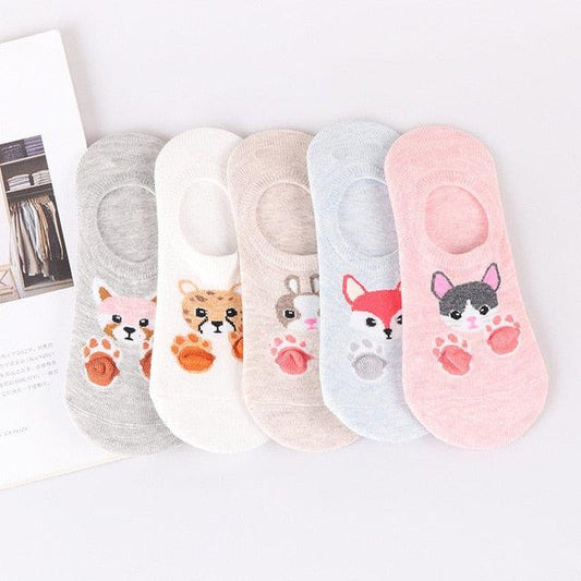 Stevvex Harajuku Animal Ankle Socks 5-pair set with cat, dog, rabbit, panda prints in colors on Tampa Home & Garden Store