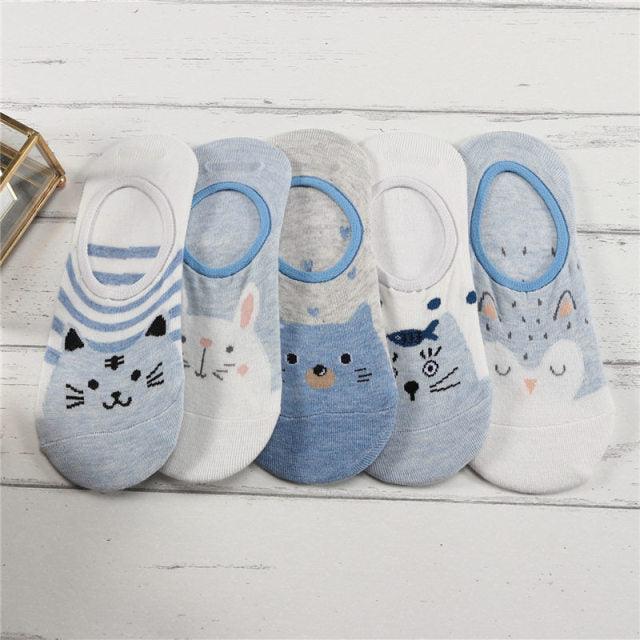 5-pair Stevvex animal ankle socks set with cat, dog, rabbit, panda designs in blue-gray on Tampa Home & Garden Store