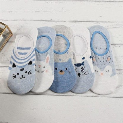 5-pair Stevvex animal ankle socks set with cat, dog, rabbit, panda designs in blue-gray on Tampa Home & Garden Store