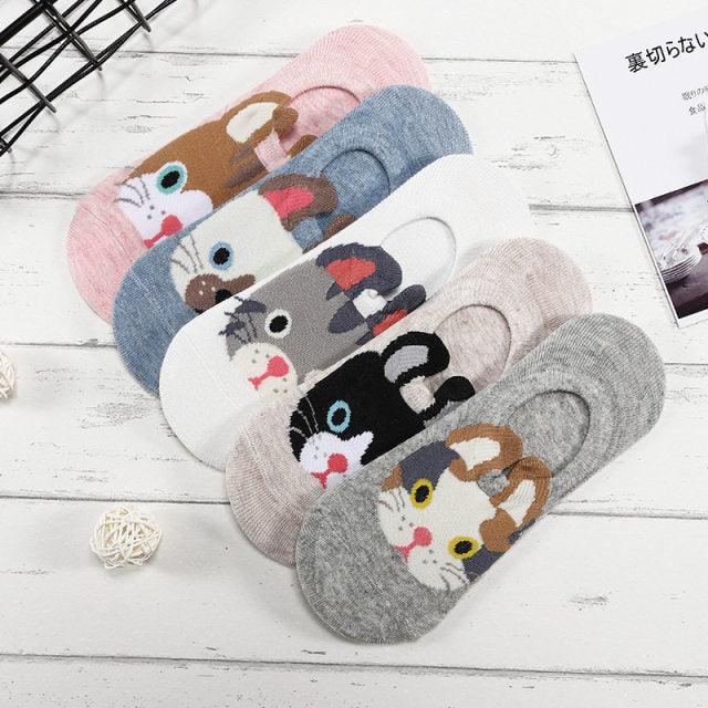Ankle socks 5-pair Stevvex Harajuku animal set low-cut with cat, dog, rabbit, panda faces on Tampa Home & Garden Store