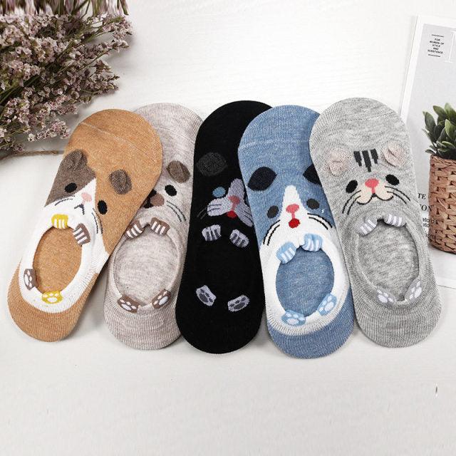 Stevvex 5-pair Harajuku animal ankle socks set low-cut with cat, dog, panda, rabbit prints on Tampa Home & Garden Store