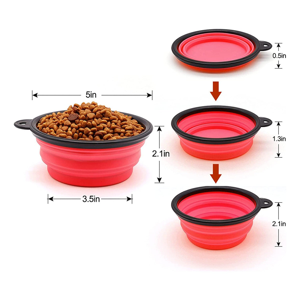 Vibhsa foldable red dog bowls set of five, 5in diameter collapsible silicone bowls with black rims on Tampa Home & Garden Store