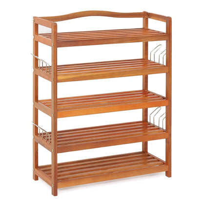 2-Tier Acacia Wood Shoe Rack with 4 Side Metal Hooks in warm brown finish on Tampa Home & Garden Store