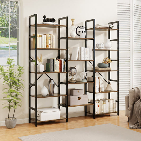 5-tier Triple Wide Heavy-duty Metal Frame Industrial Bookshelf-Rustic Brown - Tampa Home & Garden Store
