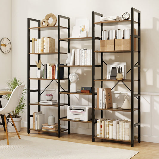 5-tier Triple Wide Heavy-duty Metal Frame Industrial Bookshelf-Rustic Brown - Tampa Home & Garden Store