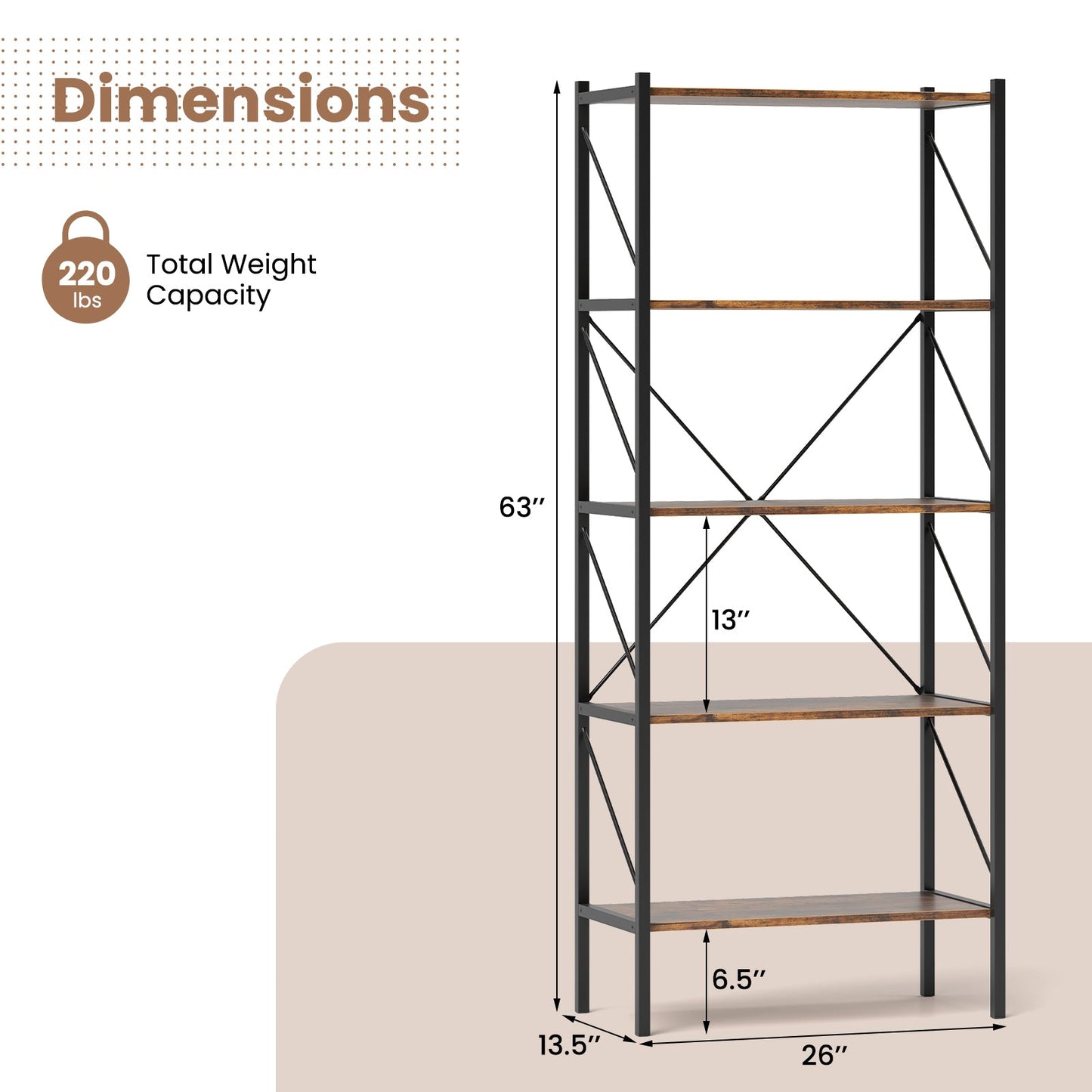 5-Tier Bookshelf with Open Shelves and Heavy Duty Metal Frame-Rustic Brown