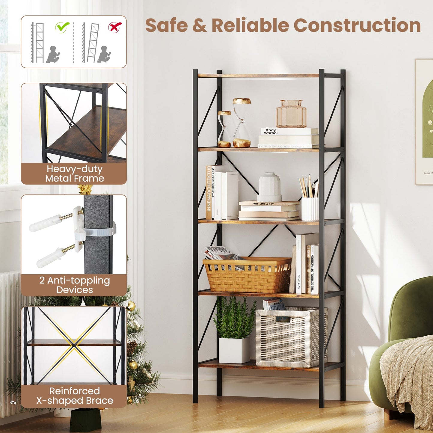 5-Tier Bookshelf with Open Shelves and Heavy Duty Metal Frame-Rustic Brown