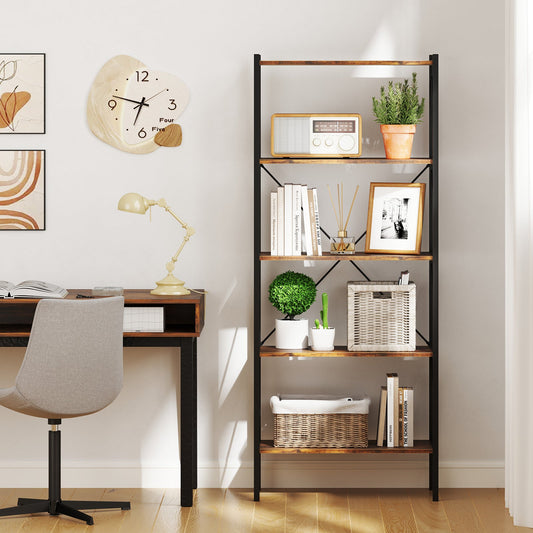 5-Tier Bookshelf with Open Shelves and Heavy Duty Metal Frame-Rustic Brown - Tampa Home & Garden Store