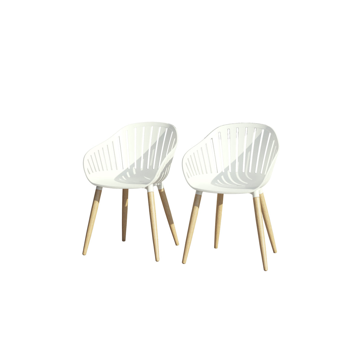 Nassau white armchairs with wood legs and slatted backs for outdoor patio by LifestyleGarden on Tampa Home & Garden Store
